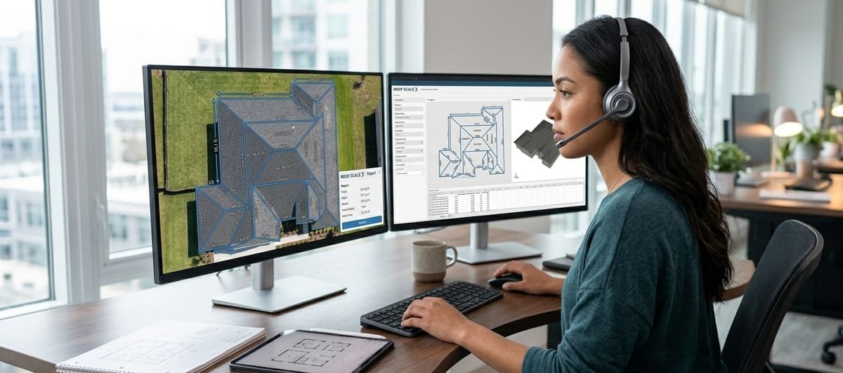 An analyst reviewing an aerial roof measurement overlay on dual monitors