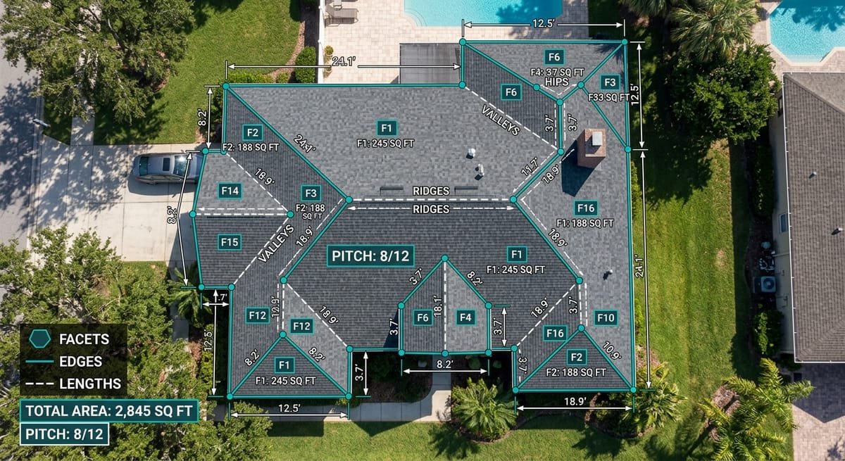 Sample RoofScaleX report — aerial roof photo with a facet and measurement overlay